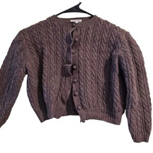 Susan Fawcett Mc Mullen Hand Knitted 100 Percent Wool Brown Cable Knit Cardigan